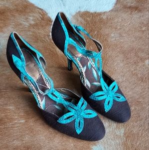 J VINCENT BROWN/TURQUOISE PUMPS SIZE 8
